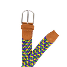 Load image into Gallery viewer, braided elastic stretch golf belt in purple, green, and gold Mardi Gras pattern
