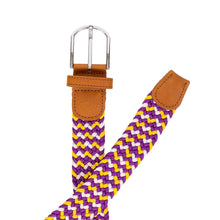 Load image into Gallery viewer, braided elastic stretch golf belt in purple, yellow, and white pattern
