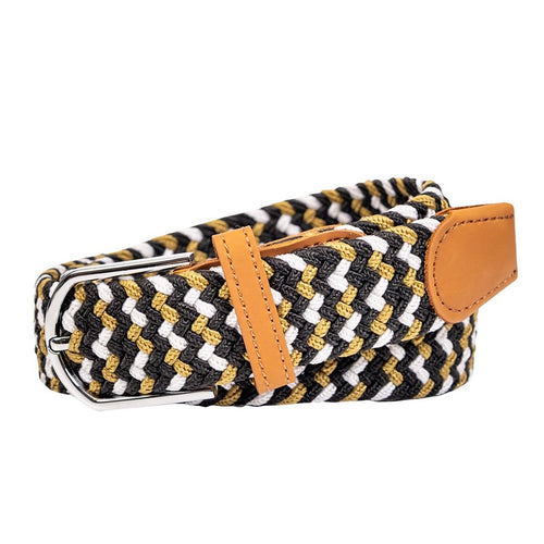 braided elastic stretch golf belt in black, gold, and white pattern