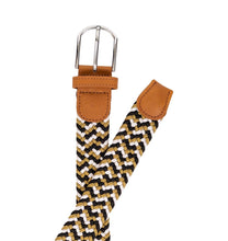 Load image into Gallery viewer, braided elastic stretch golf belt in black, gold, and white pattern
