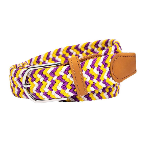 braided elastic stretch golf belt in purple, yellow, and white pattern