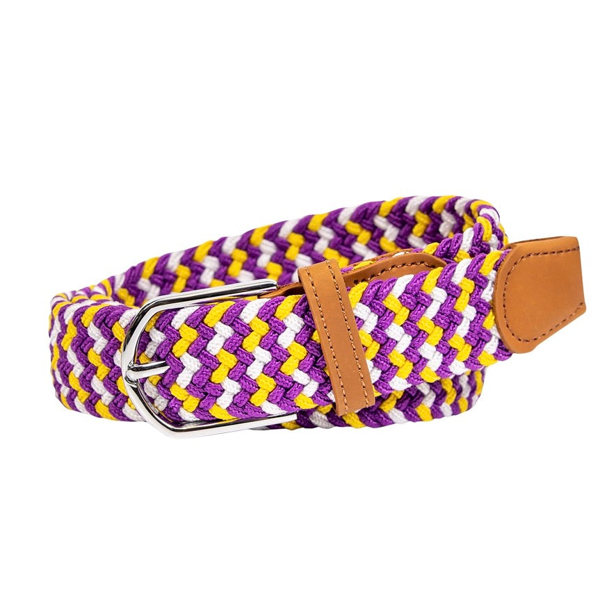 braided elastic stretch golf belt in purple, yellow, and white pattern