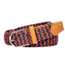 Load image into Gallery viewer, braided elastic stretch golf belt in blue, red, and gold pattern
