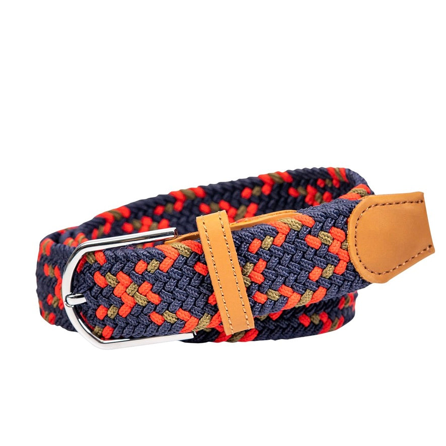 braided elastic stretch golf belt in blue, red, and gold pattern