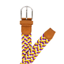 Load image into Gallery viewer, braided elastic stretch golf belt in purple, yellow, and white pattern
