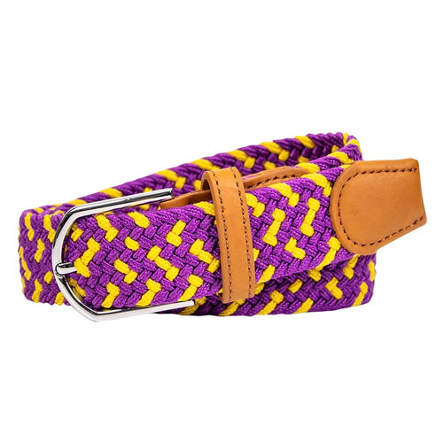 braided elastic stretch golf belt in purple and yellow pattern
