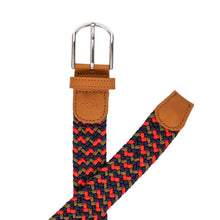 Load image into Gallery viewer, braided elastic stretch golf belt in blue, red, and gold pattern
