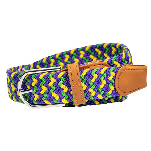 braided elastic stretch golf belt in purple, green, and gold Mardi Gras pattern