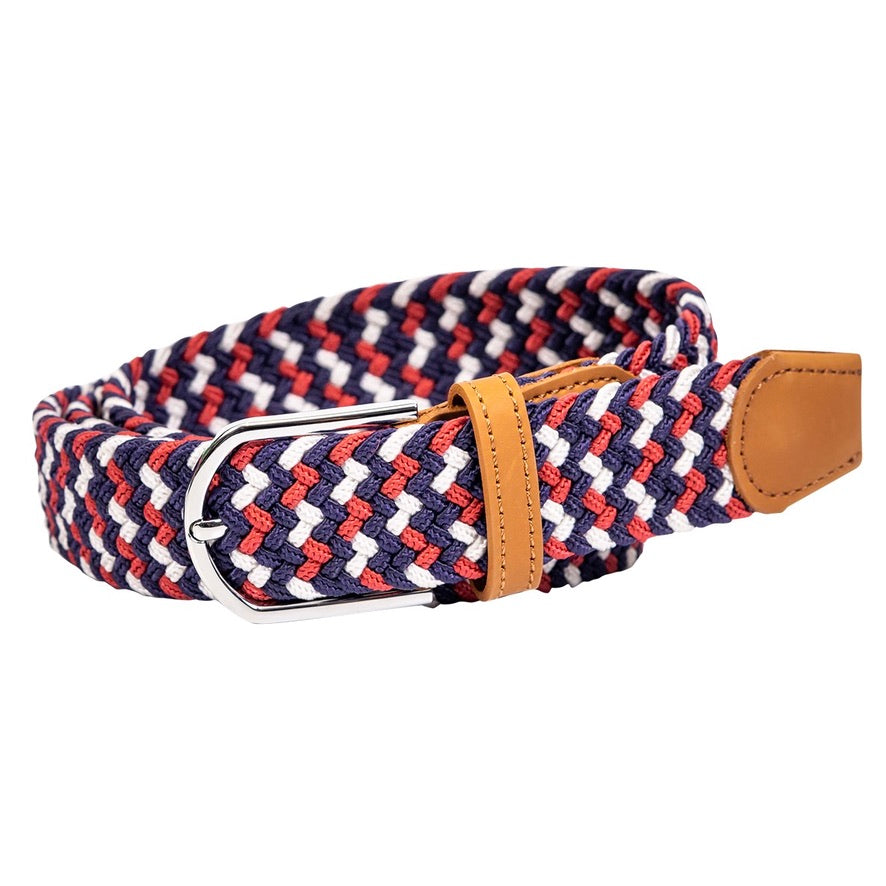 braided elastic stretch golf belt in red, white, and blue pattern