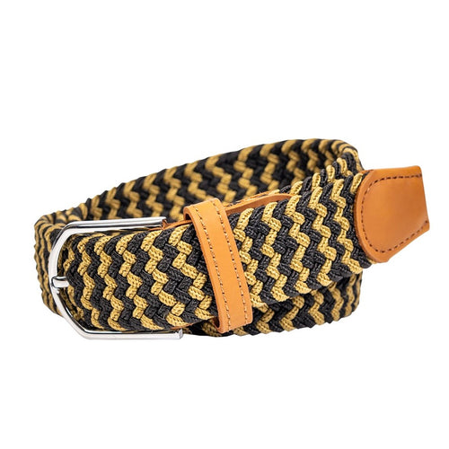 braided elastic stretch golf belt in black and gold pattern