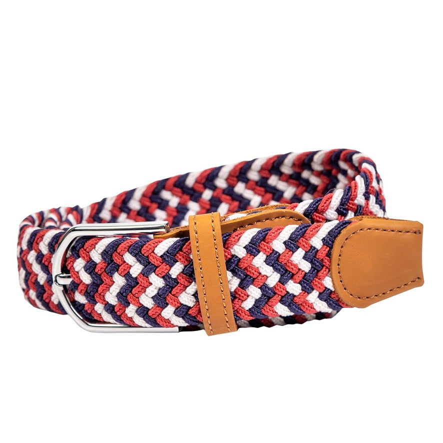 braided elastic stretch golf belt in red, white, and blue pattern
