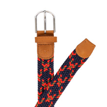 Load image into Gallery viewer, braided elastic stretch golf belt in blue, red, and gold pattern
