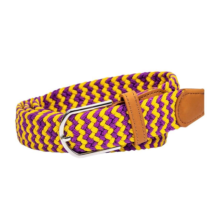 braided elastic stretch golf belt in purple and yellow pattern