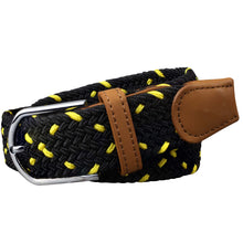 Load image into Gallery viewer, SOL mens braided elastic stretch golf belt in black and yellow pattern
