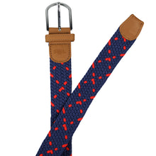 Load image into Gallery viewer, SOL mens braided elastic stretch golf belt in navy blue and red pattern
