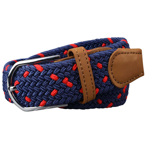SOL mens braided elastic stretch golf belt in navy blue and red pattern