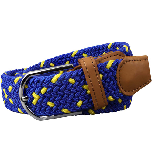 SOL mens braided elastic stretch golf belt in royal blue and yellow pattern