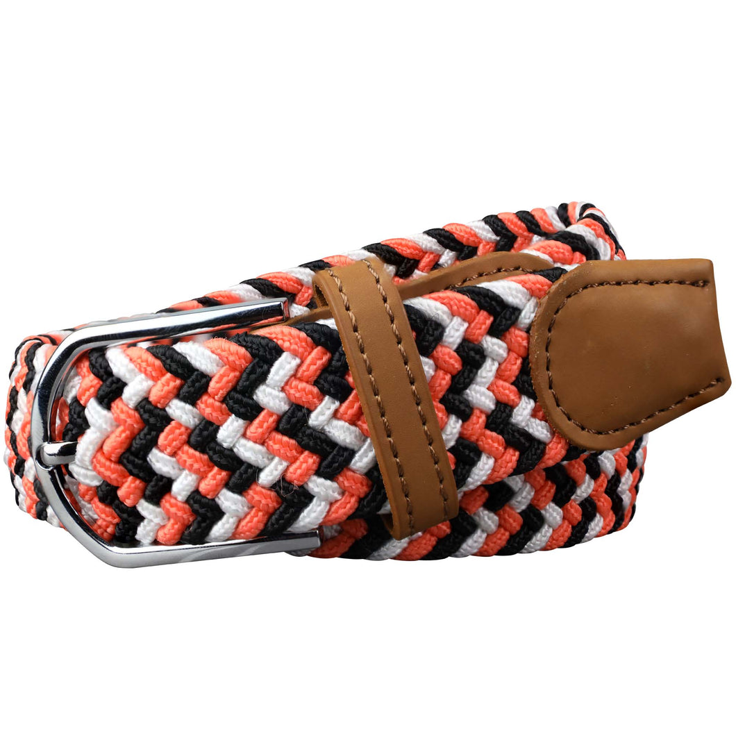SOL mens braided elastic stretch golf belt in black, orange, and white pattern