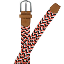 Load image into Gallery viewer, SOL mens braided elastic stretch golf belt in orange, black, and white pattern
