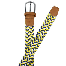 Load image into Gallery viewer, SOL mens braided elastic stretch golf belt in navy blue, yellow, and white pattern
