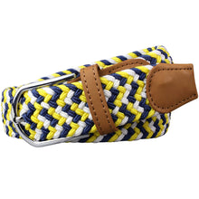 Load image into Gallery viewer, SOL mens braided elastic stretch golf belt in navy blue, yellow, and white pattern
