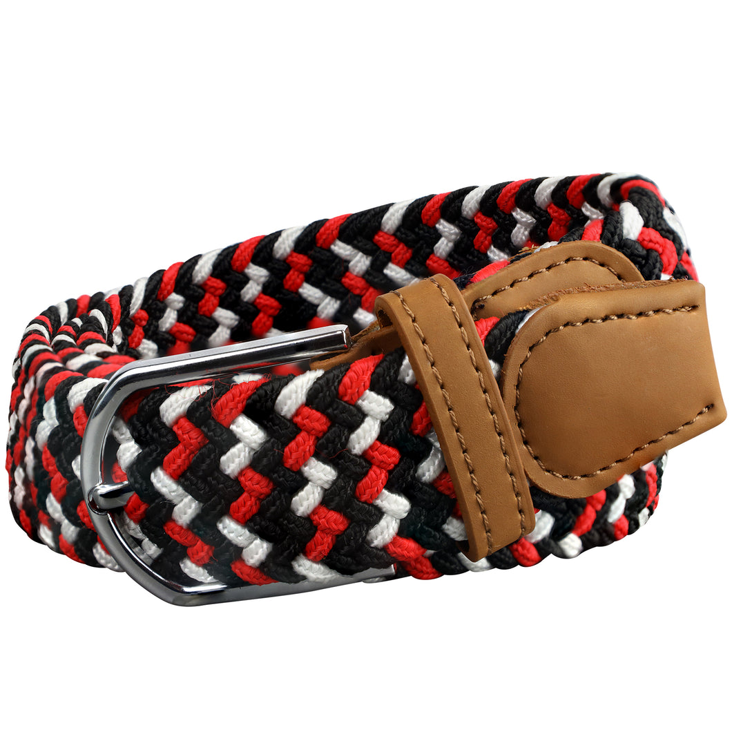 SOL mens braided elastic stretch golf belt in black, red, and white pattern