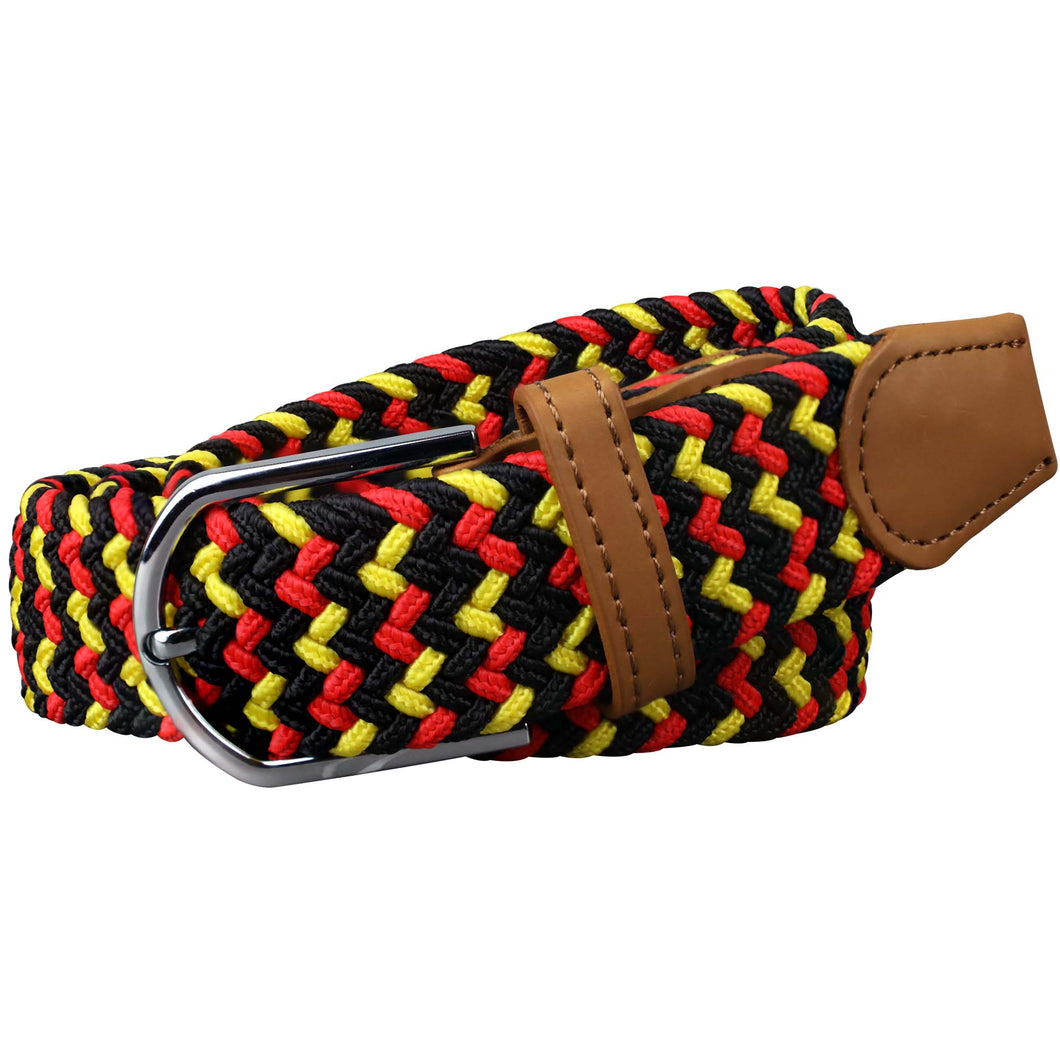 SOL mens braided elastic stretch golf belt in black, red, and yellow pattern