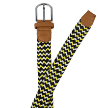 Load image into Gallery viewer, SOL mens braided elastic stretch golf belt in black, yellow, and white pattern
