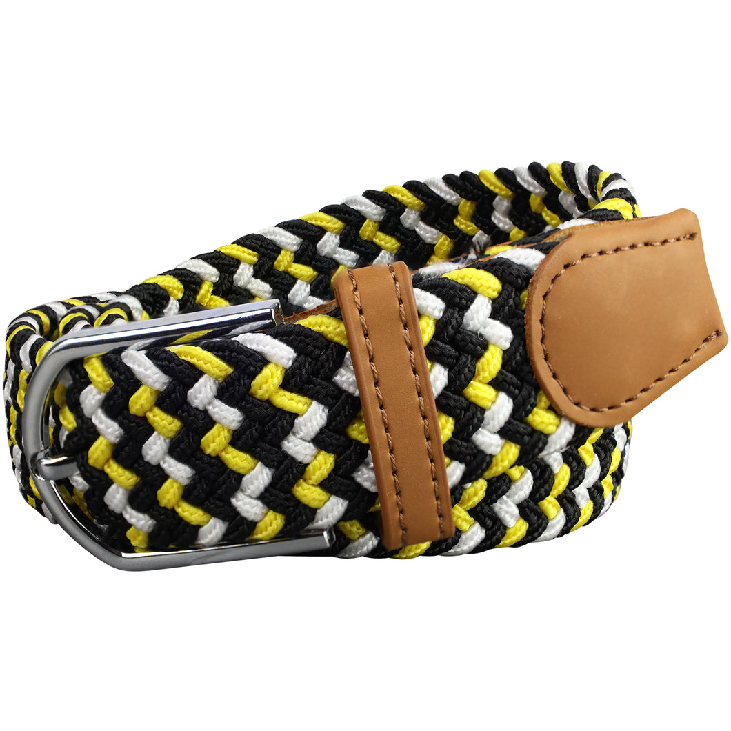 SOL mens braided elastic stretch golf belt in black, yellow, and white pattern