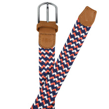 Load image into Gallery viewer, SOL mens braided elastic stretch golf belt in navy blue, orange, and white pattern
