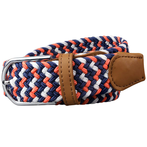 SOL mens braided elastic stretch golf belt in navy blue, orange, and white pattern