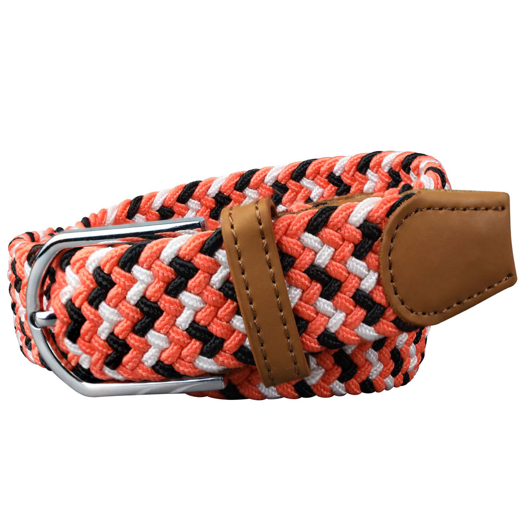 SOL mens braided elastic stretch golf belt in orange, black, and white pattern