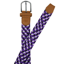 Load image into Gallery viewer, SOL mens braided elastic stretch golf belt in purple, black, and white pattern
