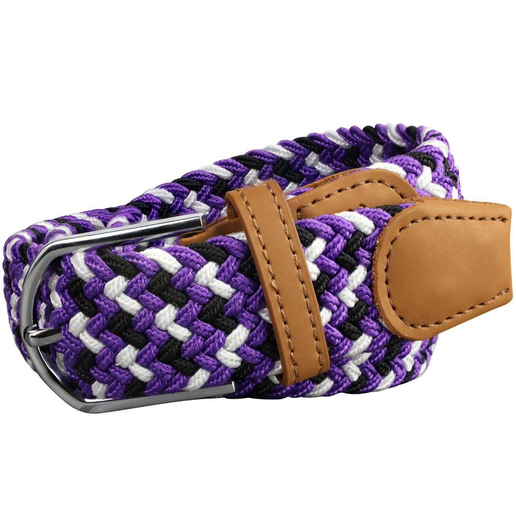 SOL mens braided elastic stretch golf belt in purple, black, and white pattern