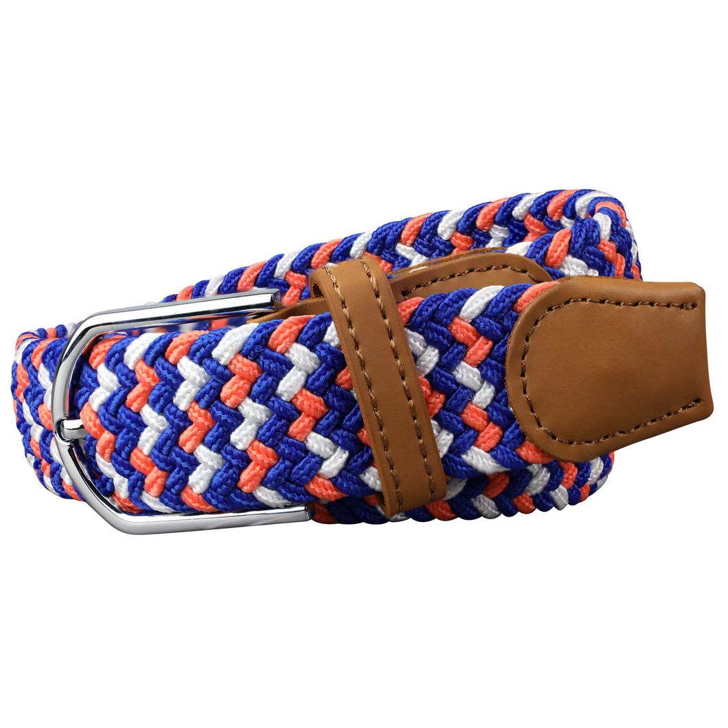 SOL mens braided elastic stretch golf belt in royal blue, orange, and white pattern