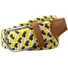 Load image into Gallery viewer, SOL mens braided elastic stretch golf belt in yellow, navy blue, and white pattern
