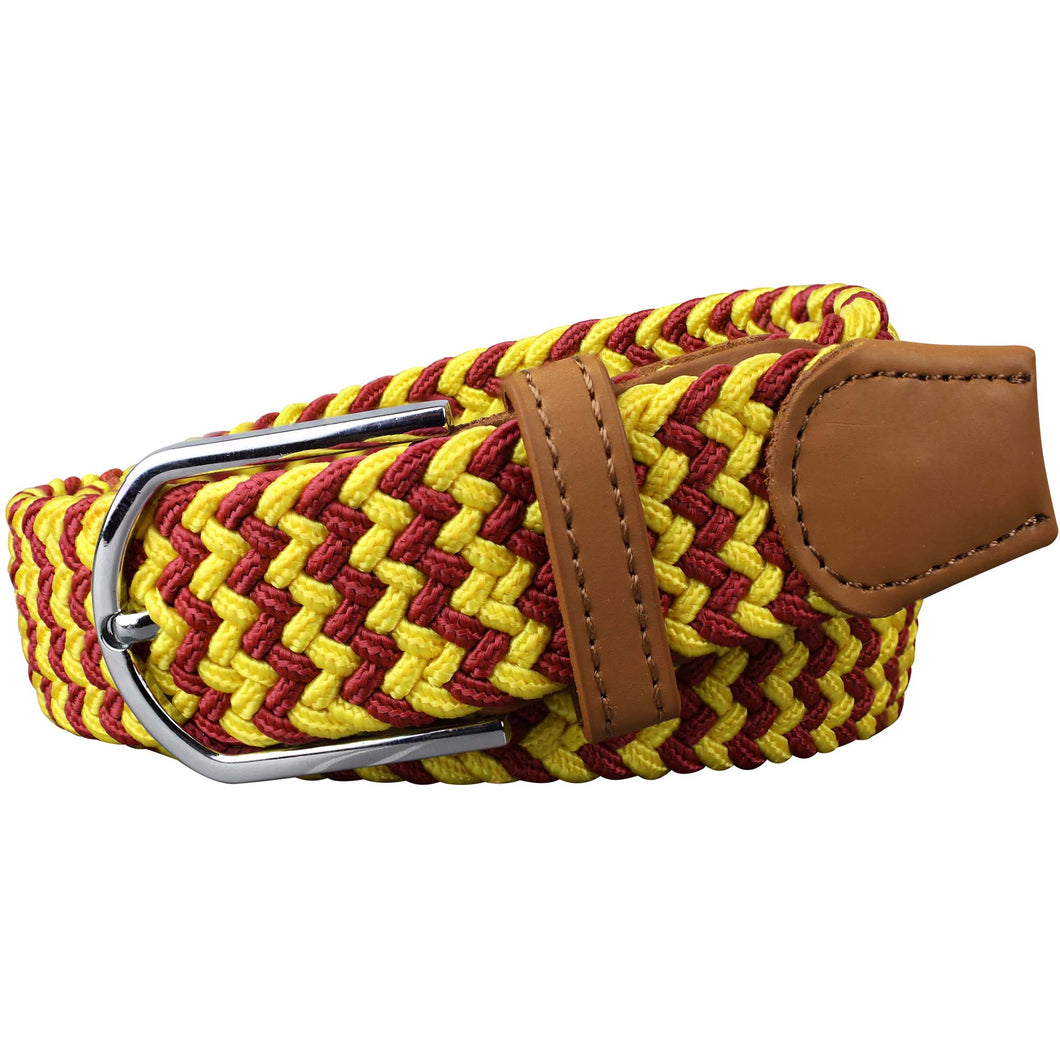 SOL mens braided elastic stretch golf belt in maroon and yellow pattern