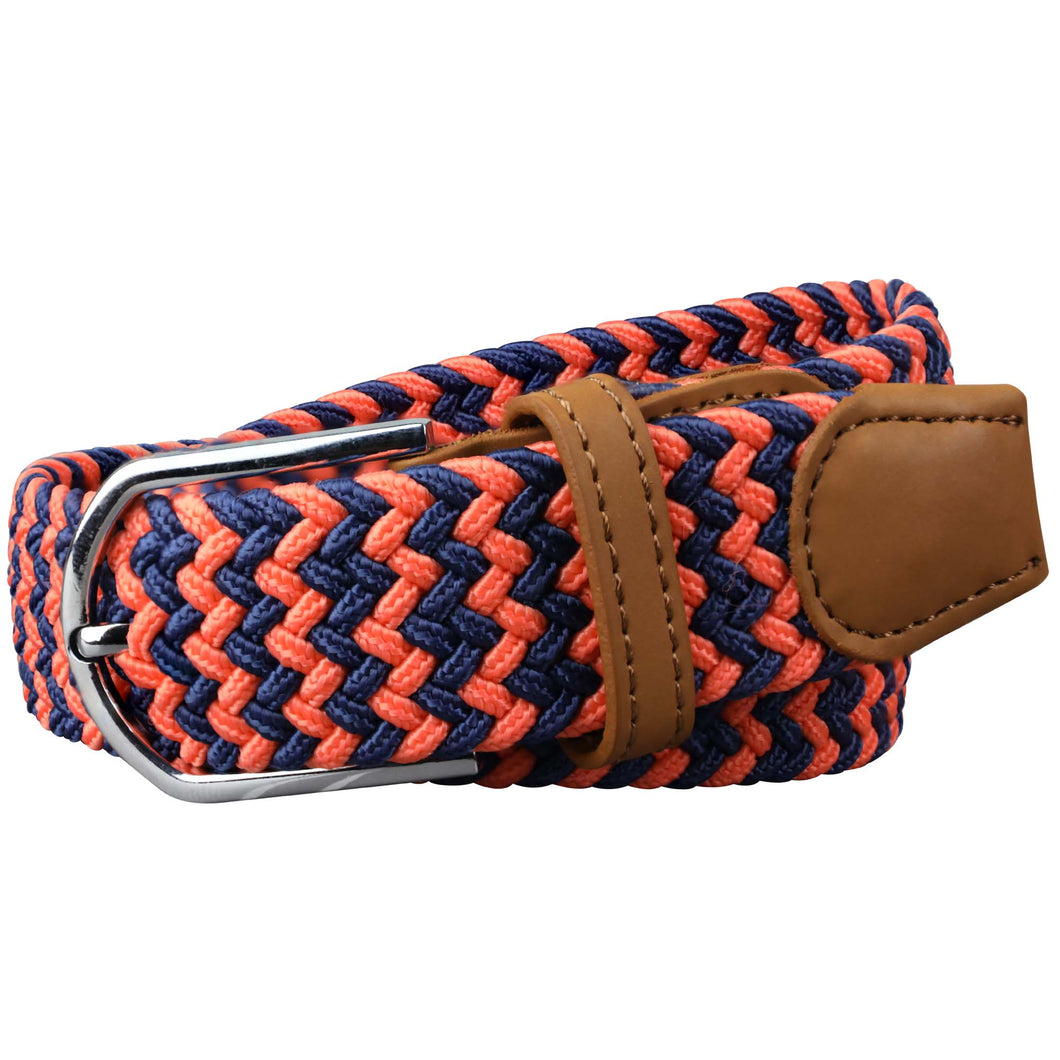 SOL mens braided elastic stretch golf belt in navy blue and orange pattern