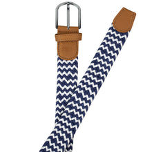 Load image into Gallery viewer, SOL mens braided elastic stretch golf belt in navy blue and white pattern
