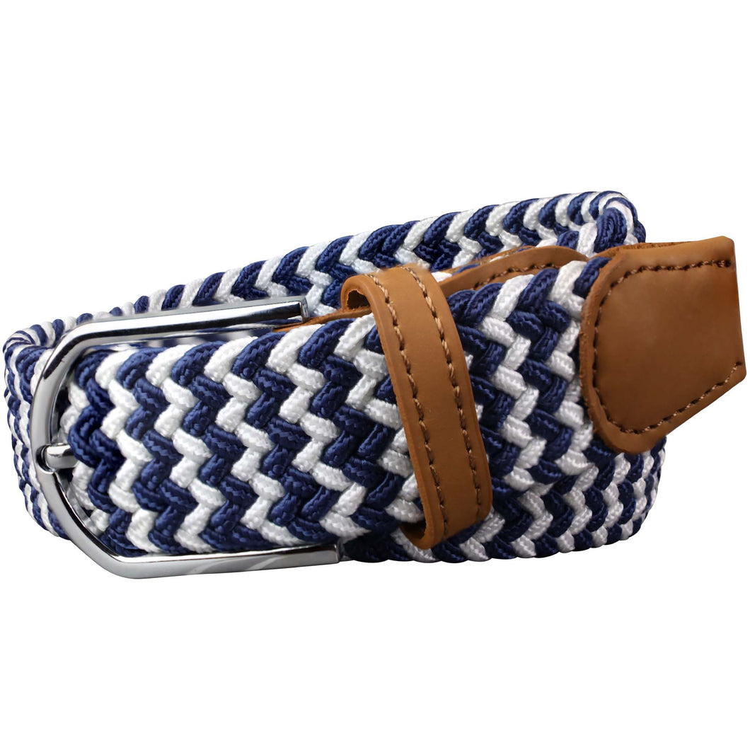 SOL mens braided elastic stretch golf belt in navy blue and white pattern