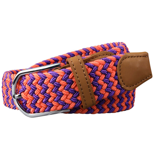 SOL mens braided elastic stretch golf belt in purple and orange pattern