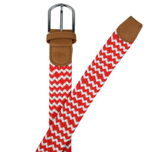Load image into Gallery viewer, SOL mens braided elastic stretch golf belt in red and white pattern
