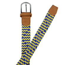 Load image into Gallery viewer, SOL mens braided elastic stretch golf belt in royal blue and yellow pattern
