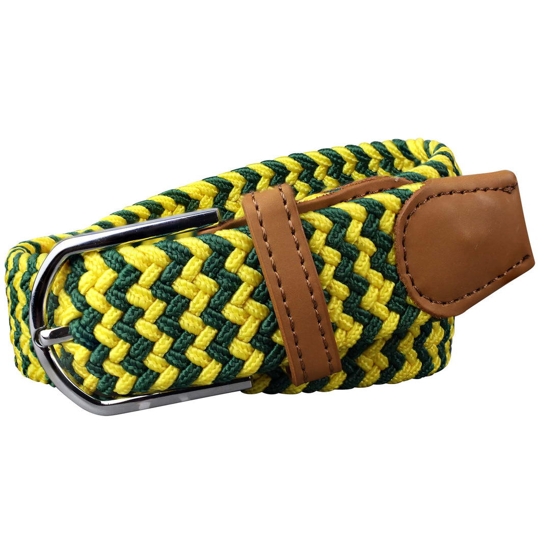 SOL mens braided elastic stretch golf belt in green and yellow pattern